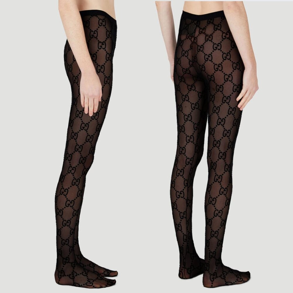 NWT Gucci GG Supreme Embroidered Tights Black Printed